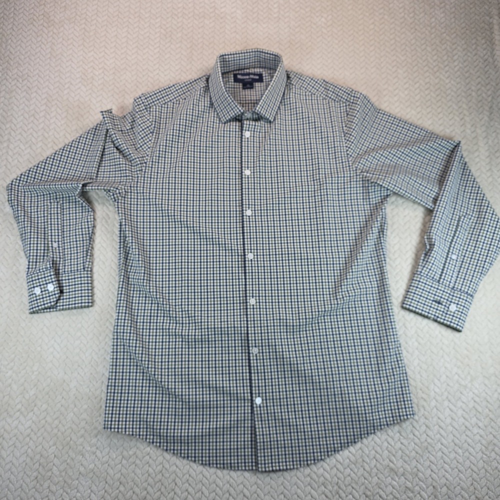 Mizzen+Main Leeward Trim Fit Dress Shirt Mens Large Green Navy Gingham 1WS-1463